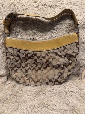 Coach Signature Canvas Shoulder Bag in Khaki with Yellow Trim